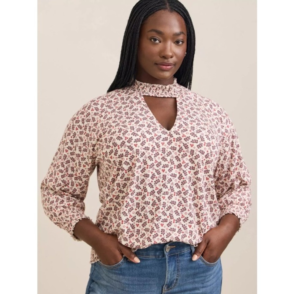 Torrid Soft‎ Stretch Leaf Print High Neck Cut Out Detail Long Sleeve Top 4X